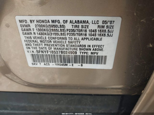 Продаж на аукціоні авто 2007 Honda Pilot Ex-l, vin: 5FNYF18537B024909, номер лоту: 46117771