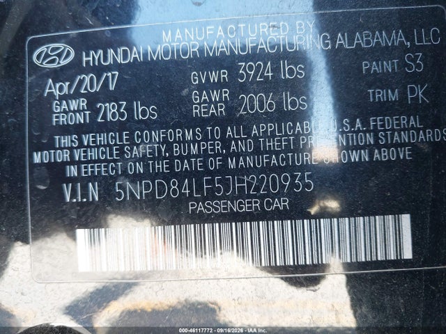 Продаж на аукціоні авто 2018 Hyundai Elantra Sel, vin: 5NPD84LF5JH220935, номер лоту: 46117772