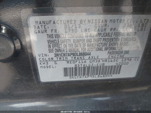 Aukcja sprzedaży 2013 Nissan Versa 1.6 Sl, vin: 3N1CN7AP9DL868044, numer aukcji: 46117780