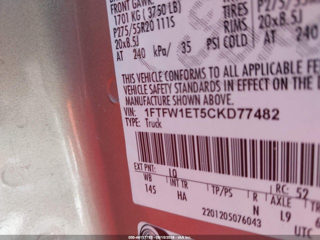 46117793 :رقم المزاد ، 1FTFW1ET5CKD77482 vin ، 2012 Ford F-150 Lariat مزاد بيع