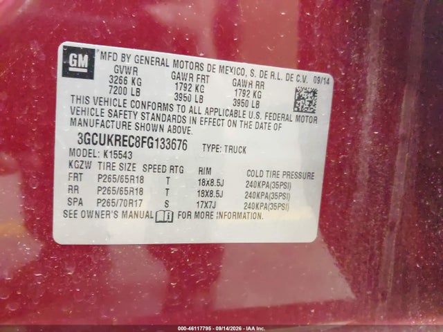 2015 Chevrolet Silverado 1500 2lt მანქანა იყიდება აუქციონზე, vin: 3GCUKREC8FG133676, აუქციონის ნომერი: 46117795