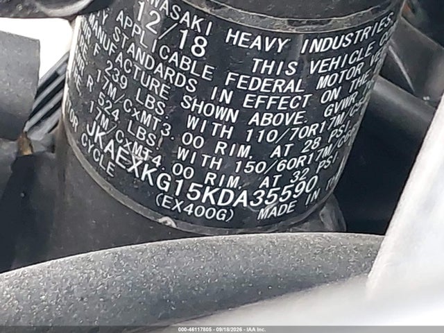 Продажа на аукционе авто 2019 Kawasaki Ex400, vin: JKAEXKG15KDA35590, номер лота: 46117805