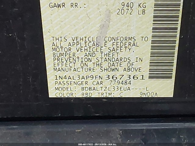 Продаж на аукціоні авто 2015 Nissan Altima 2.5 Sl, vin: 1N4AL3AP9FN367361, номер лоту: 46117822