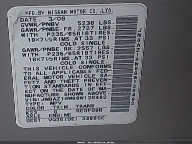 2009 Nissan Murano Sl მანქანა იყიდება აუქციონზე, vin: JN8AZ18W69W128492, აუქციონის ნომერი: 46117824