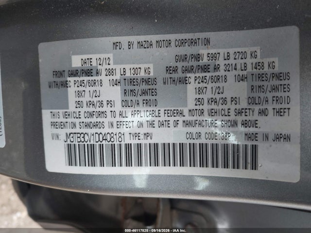 Aukcja sprzedaży 2013 Mazda Cx-9 Touring, vin: JM3TB3CV1D0408181, numer aukcji: 46117825
