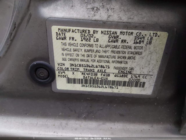 Aukcja sprzedaży 2002 Nissan Sentra Gxe, vin: 3N1CB51D62L678671, numer aukcji: 46117827