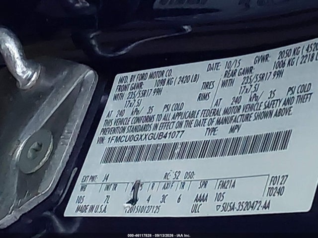 46117828 :رقم المزاد ، 1FMCU0GXXGUB41077 vin ، 2016 Ford Escape Se مزاد بيع