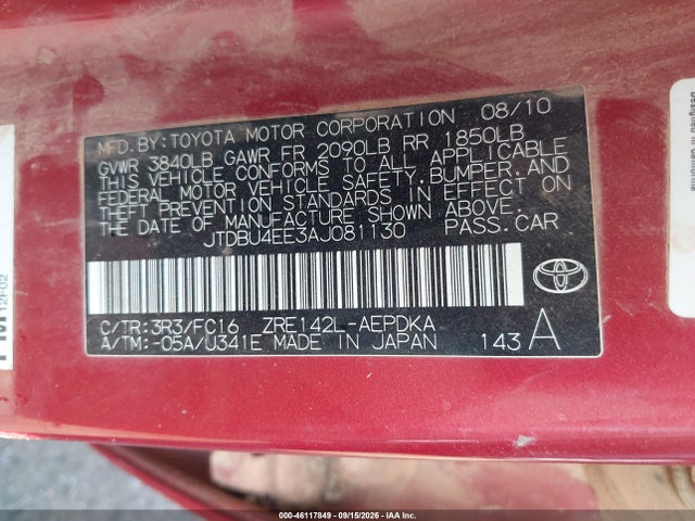 2010 Toyota Corolla Le მანქანა იყიდება აუქციონზე, vin: JTDBU4EE3AJ081130, აუქციონის ნომერი: 46117849