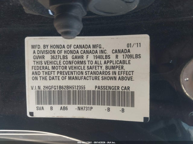 Aukcja sprzedaży 2011 Honda Civic Lx, vin: 2HGFG1B62BH512355, numer aukcji: 46117861