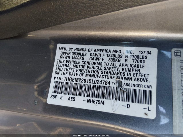 Продажа на аукционе авто 2005 Honda Civic Ex, vin: 1HGEM22915L024784, номер лота: 46117871