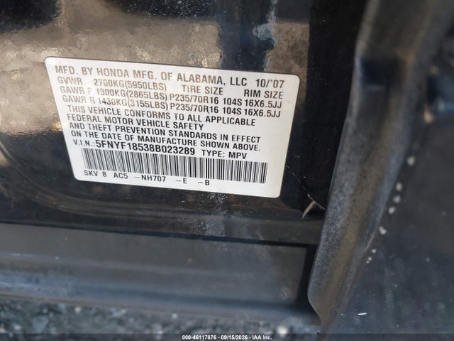 Продаж на аукціоні авто 2008 Honda Pilot Ex-l, vin: 5FNYF18538B023289, номер лоту: 46117876