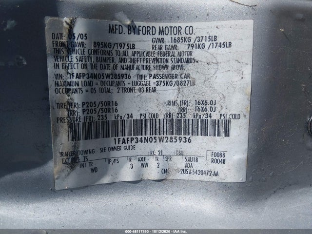 46117890 :رقم المزاد ، 1FAFP34N05W285936 vin ، 2005 Ford Focus Zx4 مزاد بيع