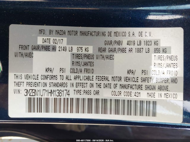 46117898 :رقم المزاد ، 3MZBN1U71HM138174 vin ، 2017 Mazda Mazda3 Sport مزاد بيع