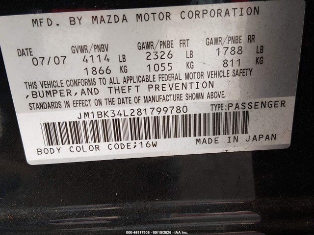 Aukcja sprzedaży 2008 Mazda Mazdaspeed3 Grand Touring, vin: JM1BK34L281799780, numer aukcji: 46117906