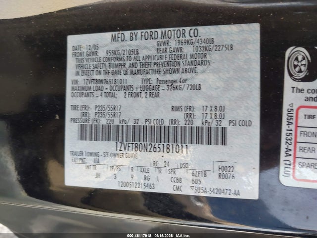 46117918 :رقم المزاد ، 1ZVFT80N265181011 vin ، 2006 Ford Mustang V6 مزاد بيع