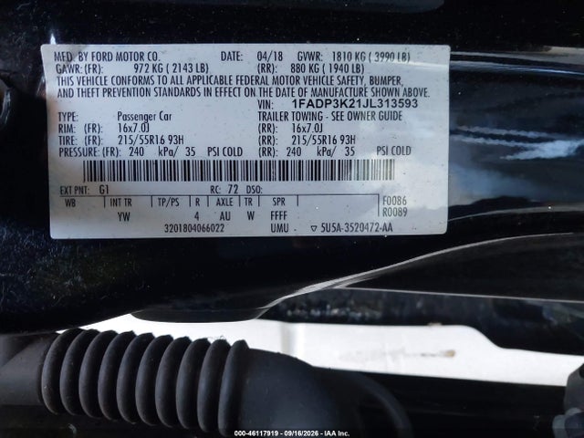 2018 Ford Focus Se მანქანა იყიდება აუქციონზე, vin: 1FADP3K21JL313593, აუქციონის ნომერი: 46117919