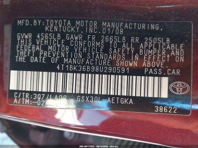 Продажа на аукционе авто 2008 Toyota Avalon Xls, vin: 4T1BK36B98U290591, номер лота: 46117922