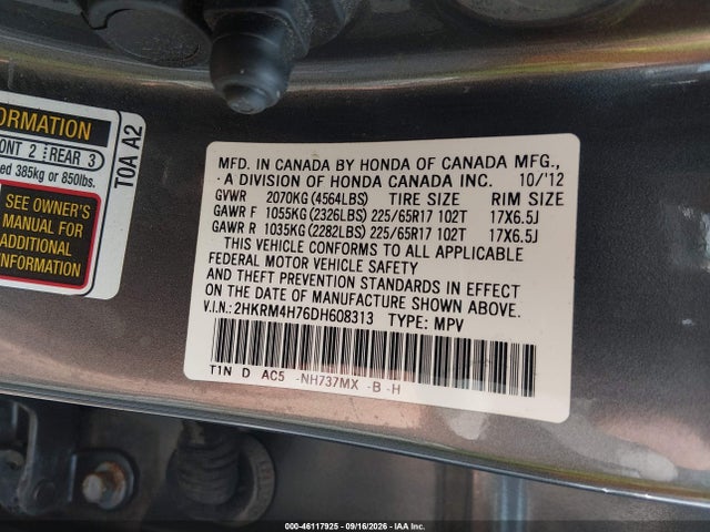 46117925 :رقم المزاد ، 2HKRM4H76DH608313 vin ، 2013 Honda Cr-v Ex-l مزاد بيع