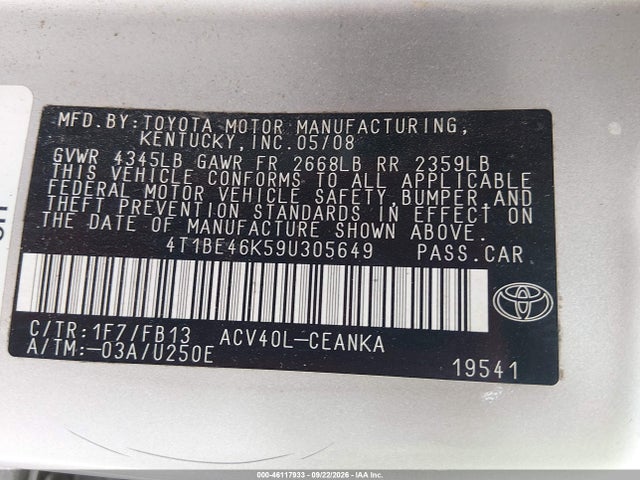 2009 Toyota Camry Le მანქანა იყიდება აუქციონზე, vin: 4T1BE46K59U305649, აუქციონის ნომერი: 46117933