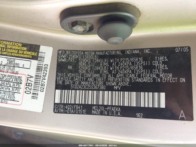 46117941 :رقم المزاد ، 5TDZA23C25S367380 vin ، 2005 Toyota Sienna Le مزاد بيع