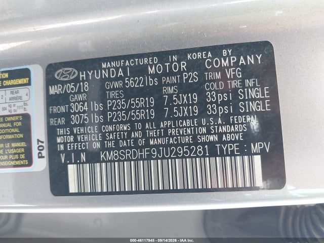 46117945 :رقم المزاد ، KM8SRDHF9JU295281 vin ، 2018 Hyundai Santa Fe Limited Ultimate مزاد بيع