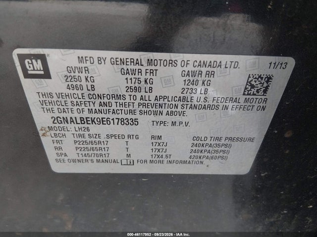 46117952 :رقم المزاد ، 2GNALBEK9E6178335 vin ، 2014 Chevrolet Equinox 1lt مزاد بيع