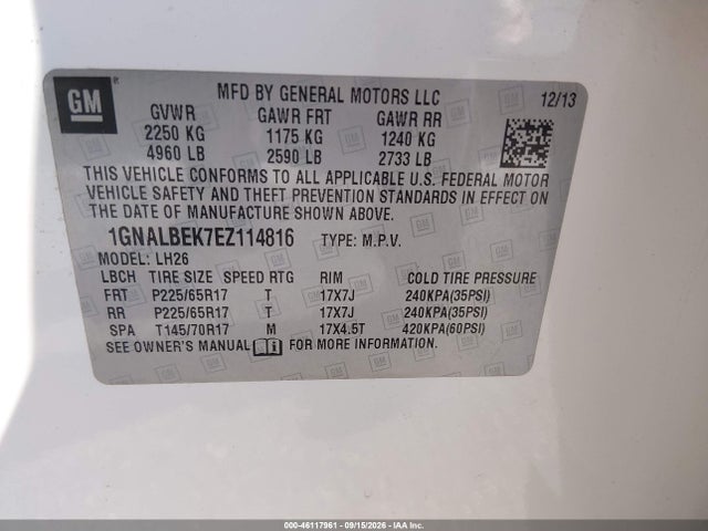 46117961 :رقم المزاد ، 1GNALBEK7EZ114816 vin ، 2014 Chevrolet Equinox 1lt مزاد بيع