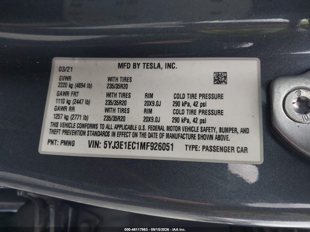 46117963 :رقم المزاد ، 5YJ3E1EC1MF926051 vin ، 2021 Tesla Model 3 Performance Dual Motor All-wheel Drive مزاد بيع