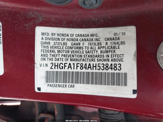 2010 Honda Civic Ex მანქანა იყიდება აუქციონზე, vin: 2HGFA1F84AH538483, აუქციონის ნომერი: 46117974