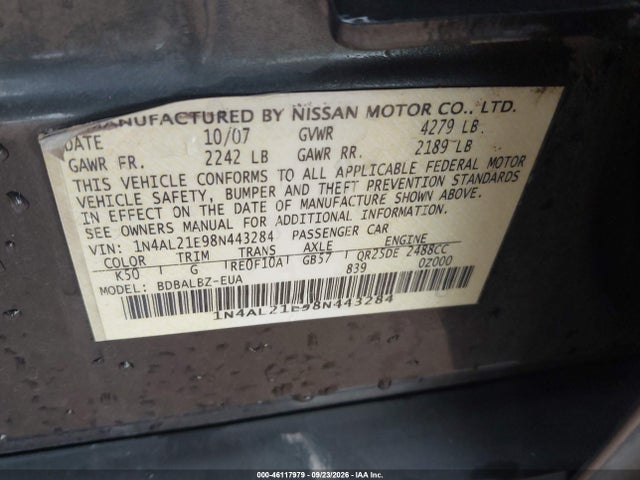 Aukcja sprzedaży 2008 Nissan Altima 2.5 S, vin: 1N4AL21E98N443284, numer aukcji: 46117979
