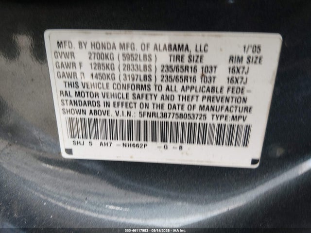 46117983 :رقم المزاد ، 5FNRL38775B053725 vin ، 2005 Honda Odyssey Ex-l مزاد بيع