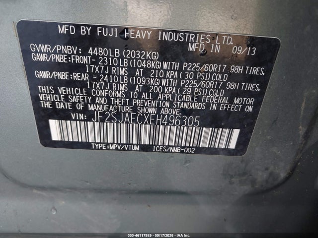 Продаж на аукціоні авто 2014 Subaru Forester 2.5i Premium, vin: JF2SJAECXEH496305, номер лоту: 46117989