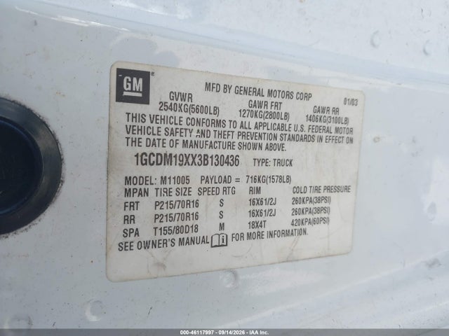 2003 Chevrolet Astro მანქანა იყიდება აუქციონზე, vin: 1GCDM19XX3B130436, აუქციონის ნომერი: 46117997