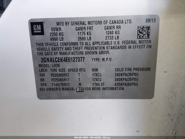 2014 Chevrolet Equinox 2lt მანქანა იყიდება აუქციონზე, vin: 2GNALCEK4E6127377, აუქციონის ნომერი: 46118003