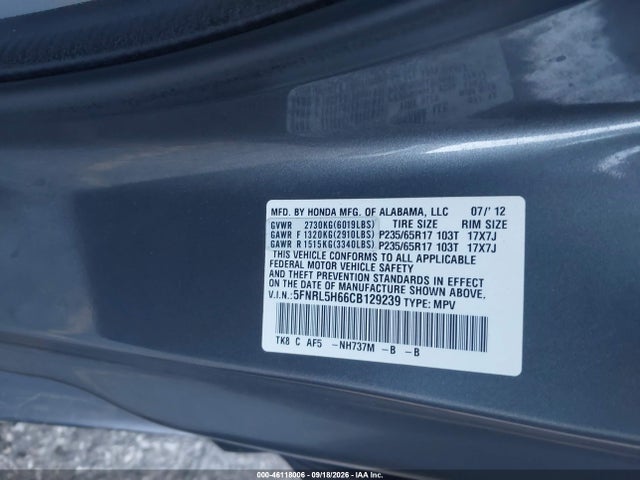 Продажа на аукционе авто 2012 Honda Odyssey Ex-l, vin: 5FNRL5H66CB129239, номер лота: 46118006