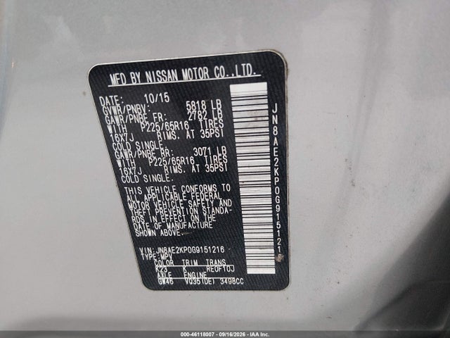 JN8AE2KP0G9151216 Nissan Quest Platinum/s/sl/sv