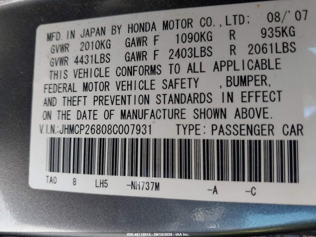 Aukcja sprzedaży 2008 Honda Accord 2.4 Ex-l, vin: JHMCP26808C007931, numer aukcji: 46118014