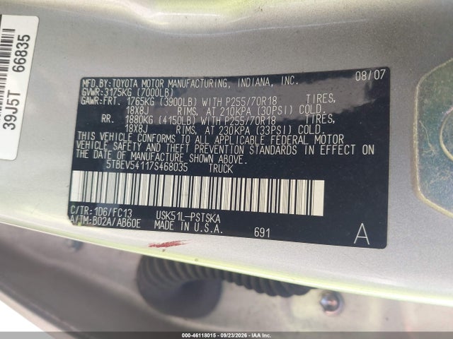 46118015 :رقم المزاد ، 5TBEV54117S468035 vin ، 2007 Toyota Tundra Crewmax Sr5 مزاد بيع