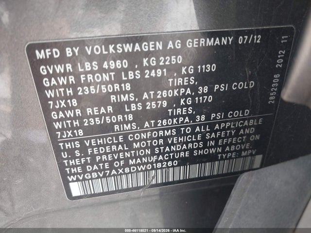 46118021 :رقم المزاد ، WVGBV7AX8DW018260 vin ، 2013 Volkswagen Tiguan Se مزاد بيع