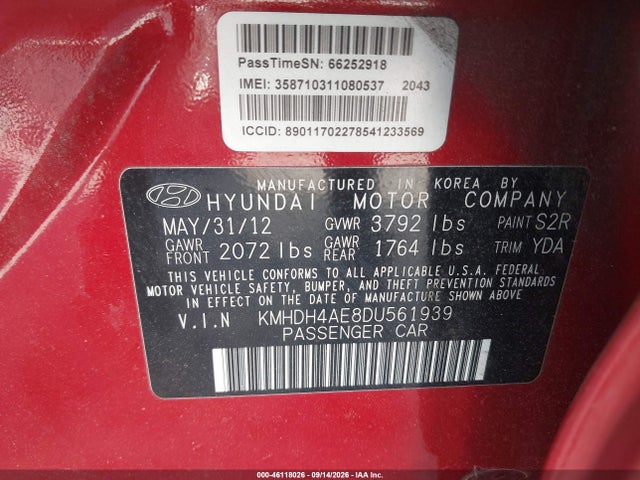 2013 Hyundai Elantra Limited მანქანა იყიდება აუქციონზე, vin: KMHDH4AE8DU561939, აუქციონის ნომერი: 46118026