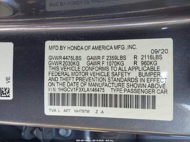 Продаж на аукціоні авто 2020 Honda Accord Sport, vin: 1HGCV1F3XLA146475, номер лоту: 46118043