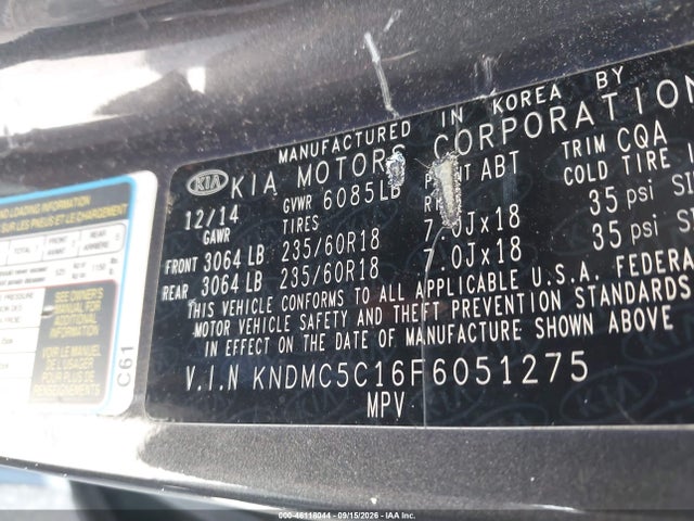 Продажа на аукционе авто 2015 Kia Sedona Sx, vin: KNDMC5C16F6051275, номер лота: 46118044
