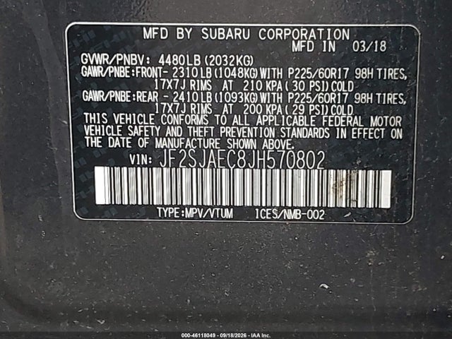 Aukcja sprzedaży 2018 Subaru Forester 2.5i Premium, vin: JF2SJAEC8JH570802, numer aukcji: 46118049