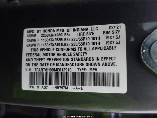 Продаж на аукціоні авто 2021 Honda Cr-v Hybrid Touring, vin: 7FART6H99ME012910, номер лоту: 46118064