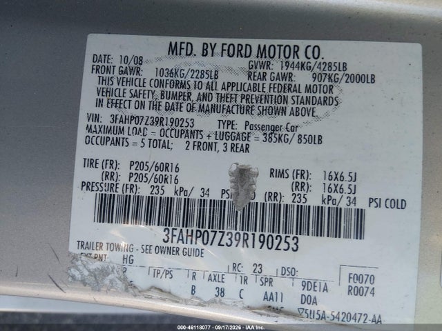Продаж на аукціоні авто 2009 Ford Fusion Se, vin: 3FAHP07Z39R190253, номер лоту: 46118077