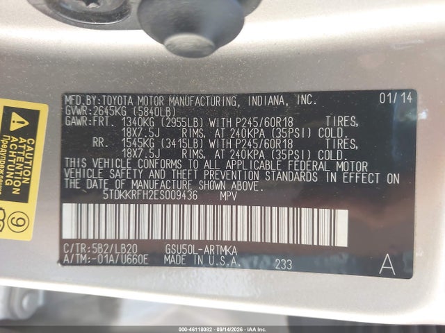 Toyota Highlander Xle V6 2014 5TDKKRFH2ES009436 Image 9