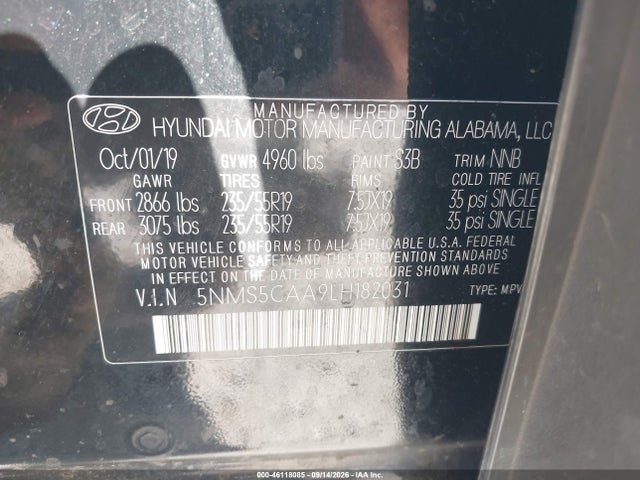 46118085 :رقم المزاد ، 5NMS5CAA9LH182031 vin ، 2020 Hyundai Santa Fe Limited 2.0t مزاد بيع