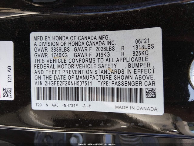 Honda Civic Lx 2022 2HGFE2F2XNH507511 Image 9
