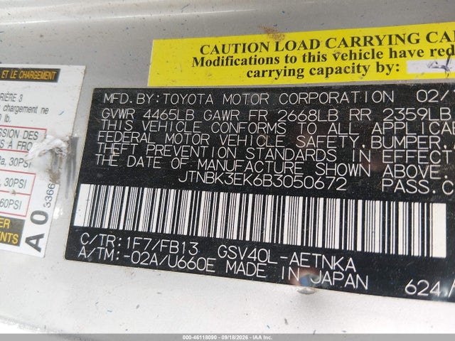 2011 Toyota Camry Le V6 მანქანა იყიდება აუქციონზე, vin: JTNBK3EK6B3050672, აუქციონის ნომერი: 46118090