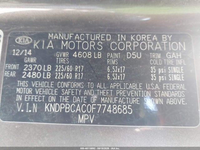 Продажа на аукционе авто 2015 Kia Sportage Lx, vin: KNDPBCAC0F7748685, номер лота: 46118092